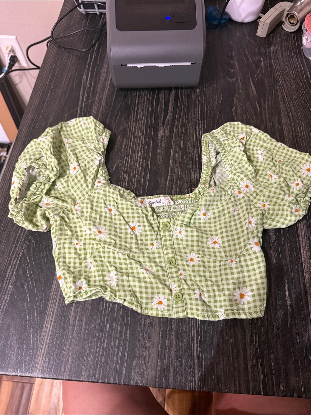 Green Gingham Daisy Button-Front Crop Top - Women